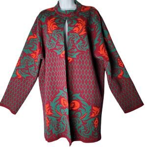 Studio Nouveau Cardigan Coat Open Front Red Green Orange Knit Long‎ Jacket XL